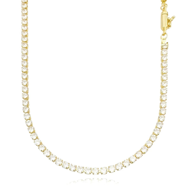 Corrente Riviera com Pedras Brancas Fecho Canhão - Banho Ouro