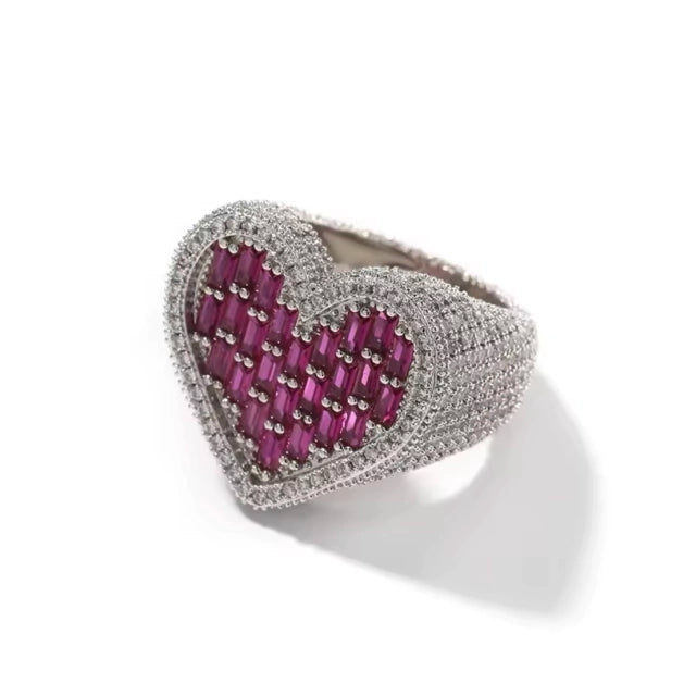 Anel Heart Baguette Pink - Banho Prata