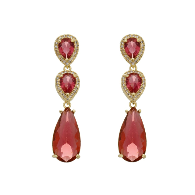 Brinco Gota Cristal Vermelho - Banho Ouro