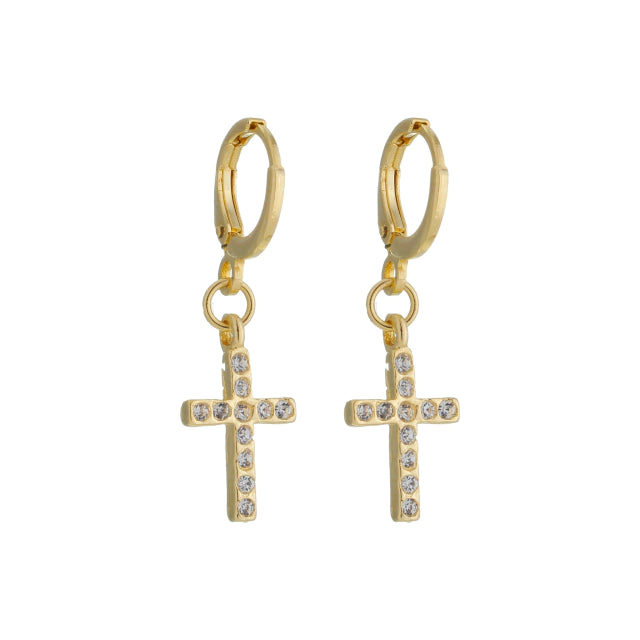 Brinco Argola com Cruz Cravejada - Banho Ouro