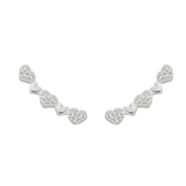 Brinco Ear Cuff de Coração Liso e Cravejado - Prata 925