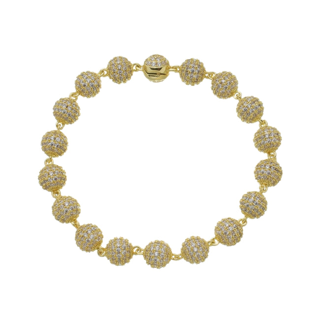 Pulseira Pérola Toda Cravejada com Pedras Brancas - Banho Ouro