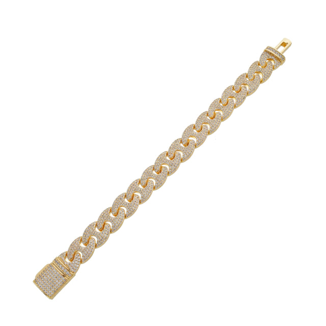 Pulseira Cuban Oval Cravejada com Pedras Brancas - Banho Ouro