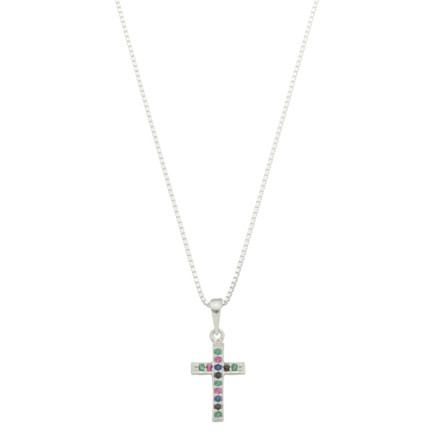 Colar Veneziana c/ Pingente Cruz Cravejada Colorida - Prata 925