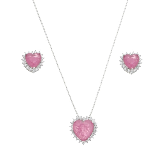 Conjunto de Colar com Pingente + Brinco Coração com Pedra Rosa - Banho Prata