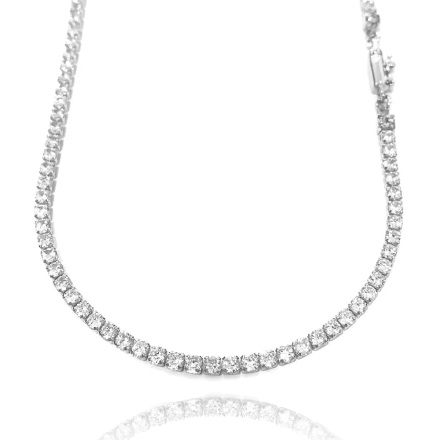 Corrente Riviera com Pedras Brancas Fecho Canhão - Banho Prata