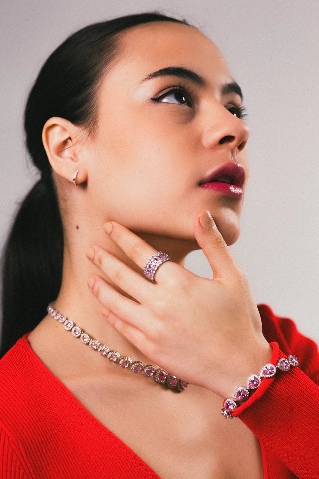 Pulseira Gota com Pedras Rosa - Banho Prata