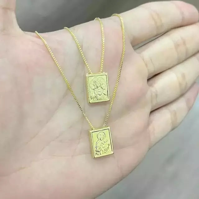 Escapulário Sagrado Coração de Jesus e Nossa Senhora do Carmo Veneziana - Banho Ouro