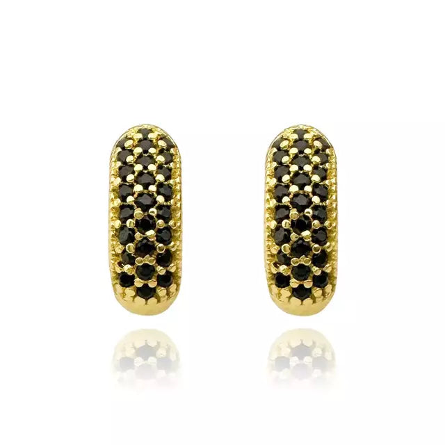 Brinco Argola Cravejada em Zircônia 25 Pedras Pretas - Banho Ouro