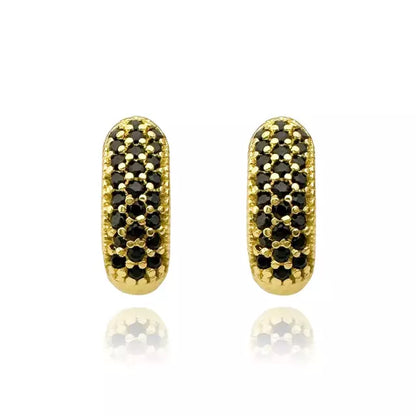 Brinco Argola Cravejada em Zircônia 25 Pedras Pretas - Banho Ouro