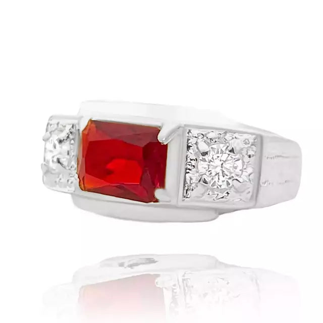 Anel Cravado c/ Pedra Vermelha - Banho Prata