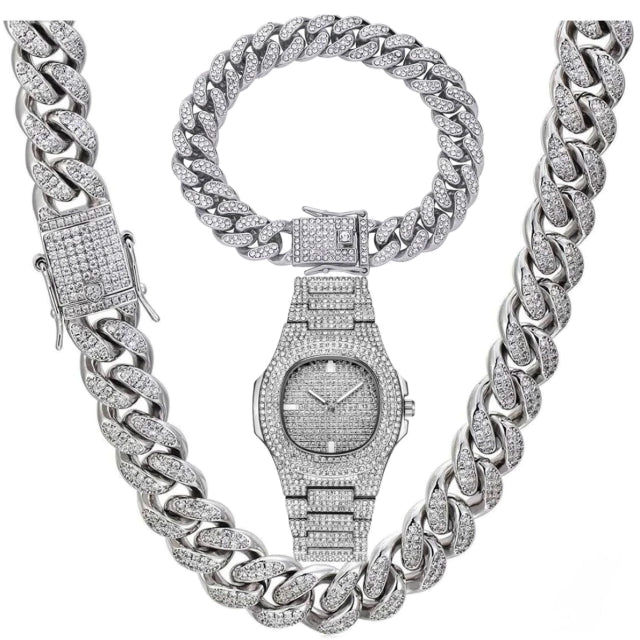 Kit Cuban Cravejado - Corrente + Pulseira + Relógio (Banho Prata)
