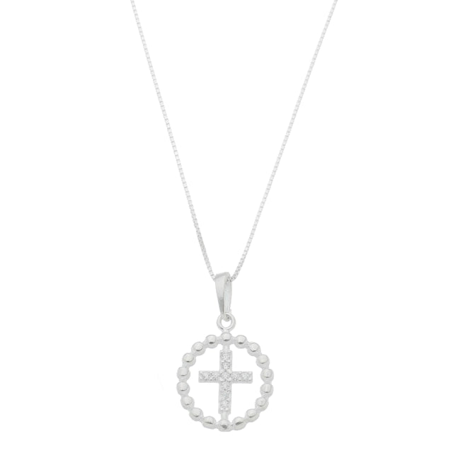 Corrente Veneziana c/ Pingente Cruz Pontilhada Cravejada com Zircônia - Prata 925
