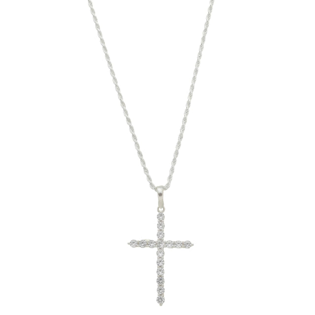 Gargantilha Cordão Baiano + Pingente Cruz Palito Cravejada - Prata 925