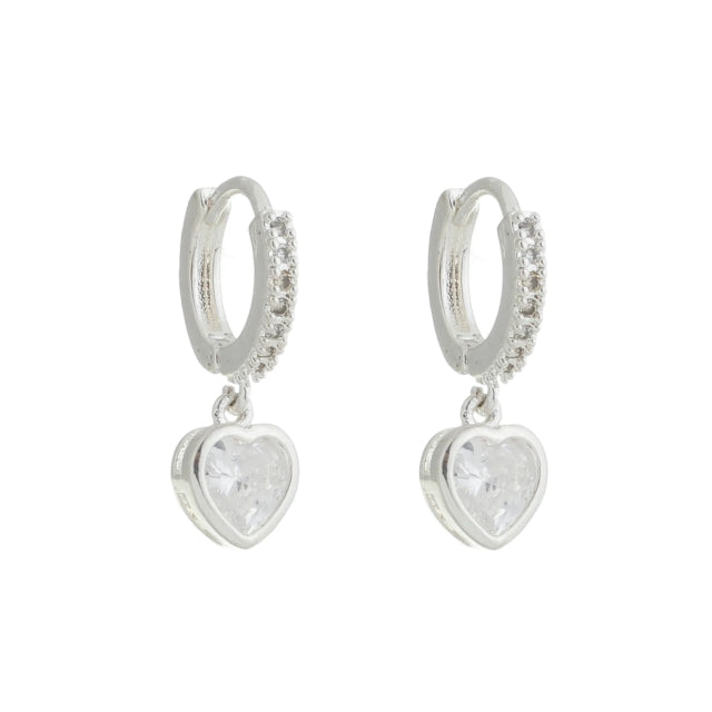 Brinco de Argola Cravejada com Pingente de Coração Cravejado - Banho Prata