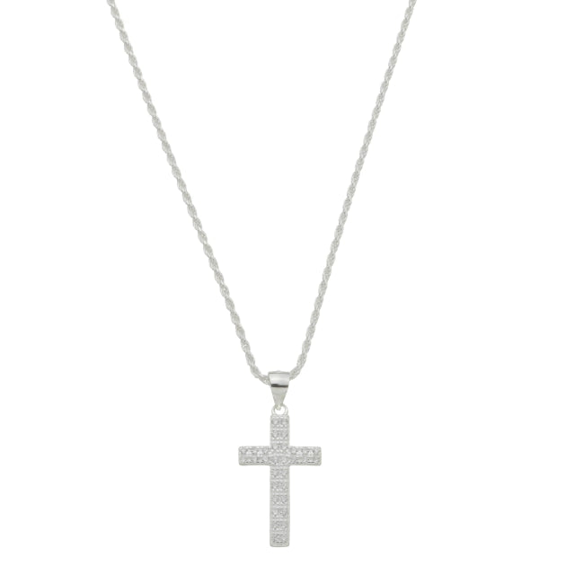 Corrente Cordão Baiano + Pingente Cruz Quadrada Cravejada - Prata 925