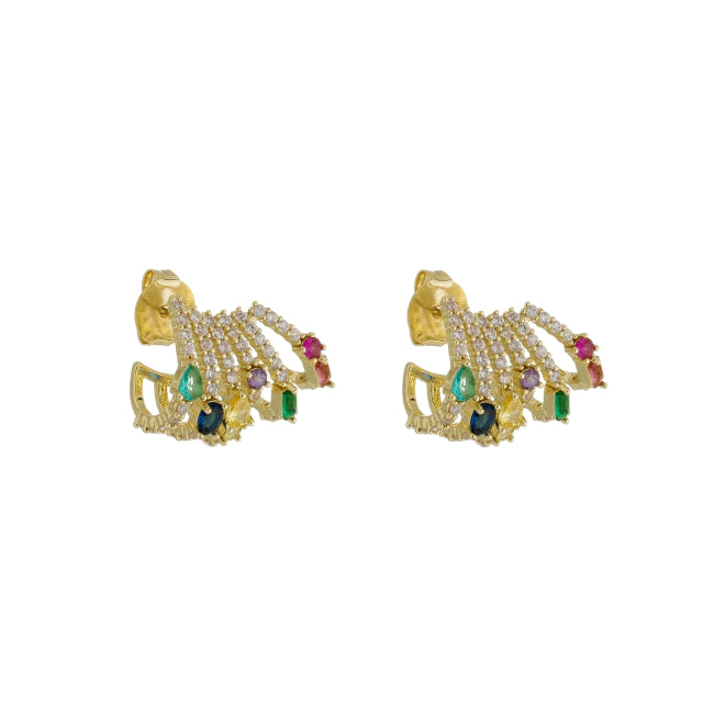 Brinco Ear Cuff com Pedras Coloridas - Banho Ouro