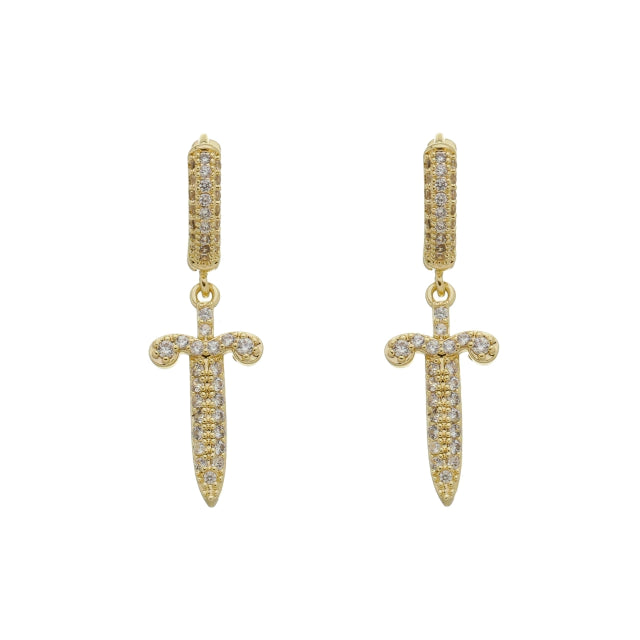 Brinco Argola Cravejada com Pingente Adaga Cravejado - Banho Ouro