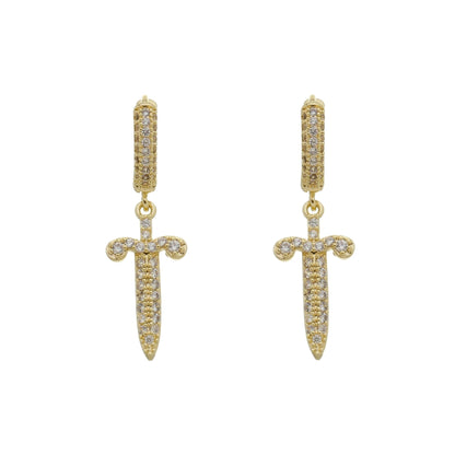 Brinco Argola Cravejada com Pingente Adaga Cravejado - Banho Ouro