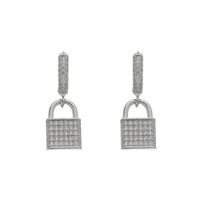 Brinco Argola Cravejada com Pingente de Cadeado Cravejado - Banho Prata