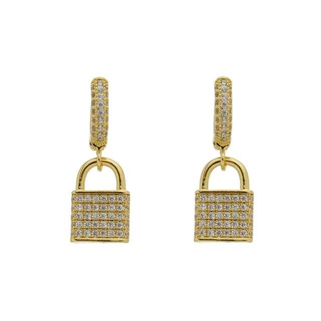 Brinco Argola Cravejada com Pingente de Cadeado Cravejado - Banho Ouro