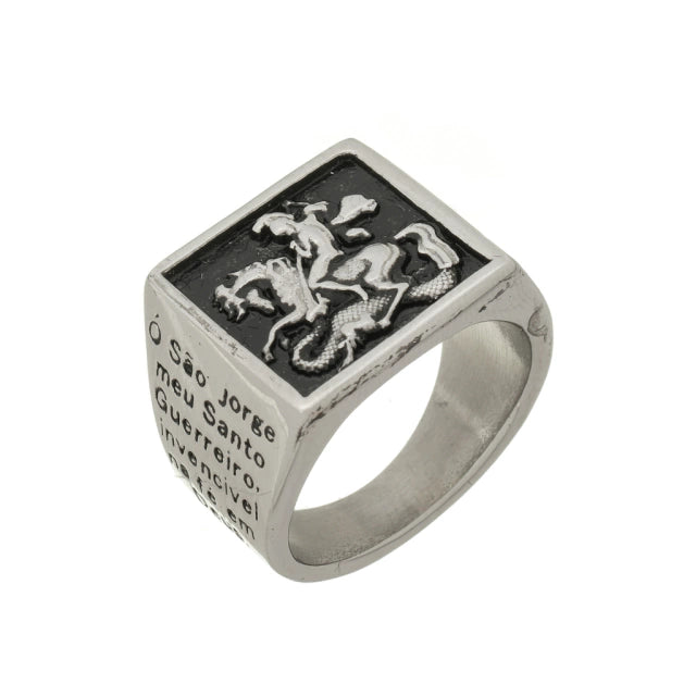 Anel São Jorge Fundo Preto - Banho Prata