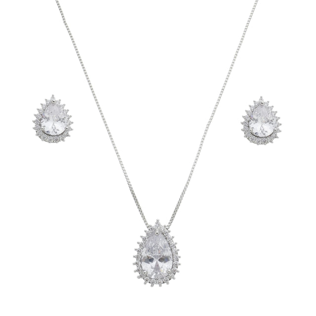 Conjunto de Colar com Pingente + Brinco Gota - Banho Prata