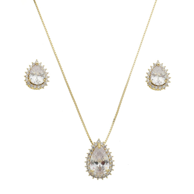 Conjunto de Colar com Pingente + Brinco Gota - Banho Ouro