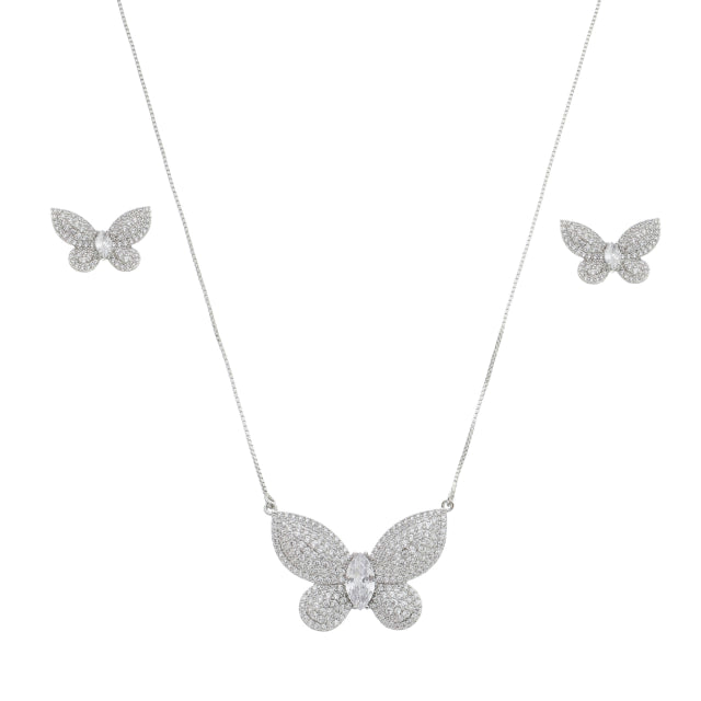 Conjunto de Colar com Pingente + Brinco Borboleta Cravejada - Banho Prata