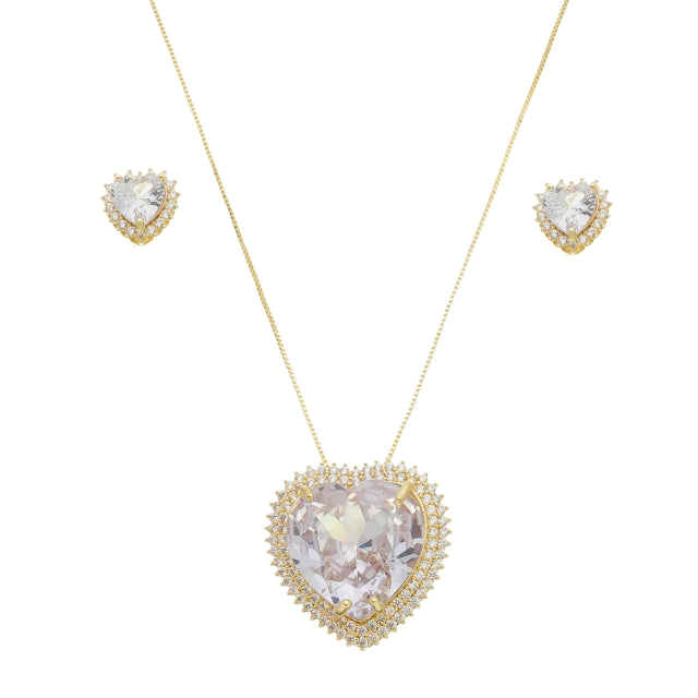 Conjunto de Colar com Pingente + Brinco Coração Rosa - Banho Ouro