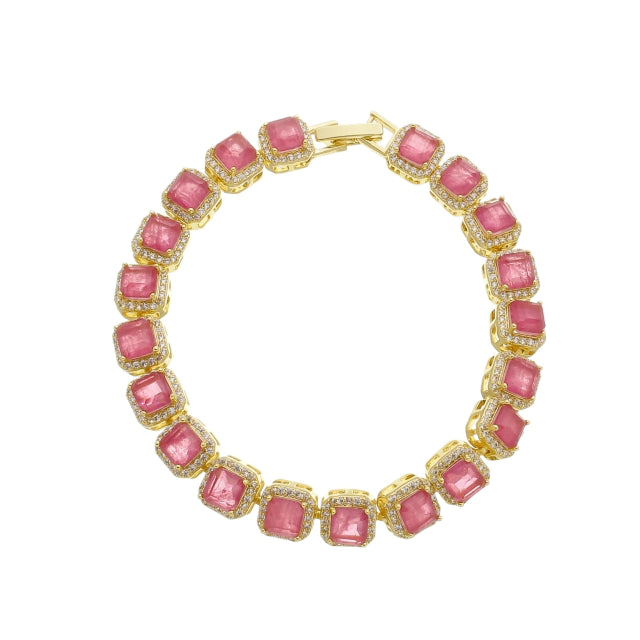 Pulseira Quadrada com Pedras Vermelhas - Banho Ouro