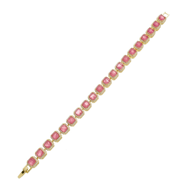 Pulseira Quadrada com Pedras Vermelhas - Banho Ouro
