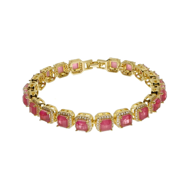 Pulseira Quadrada com Pedras Vermelhas - Banho Ouro