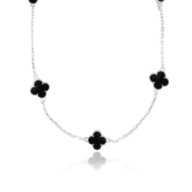 Colar Trevo Preto - Banho Prata